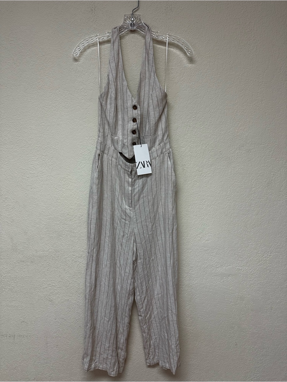 ZARA NWT Sleeveless Cream Pinstripe Jumpsuit size S - Picture 2 of 5